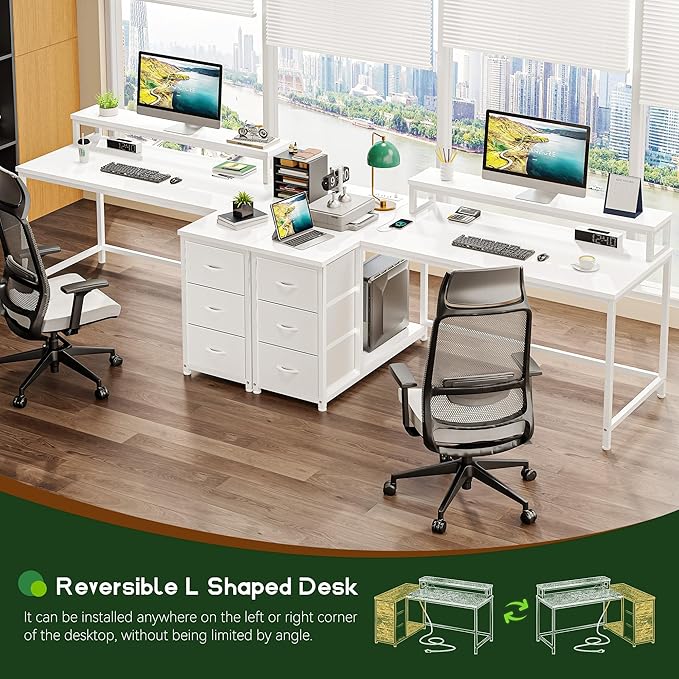 EnHomee L Shaped Gaming Desk with 3 Drawers &amp Power Outlet 40Inch White Computer Desk with LED Lights Reversible Office Desk with Monitor Stand for GamingStudy RoomHome OfficeBedroomWhite