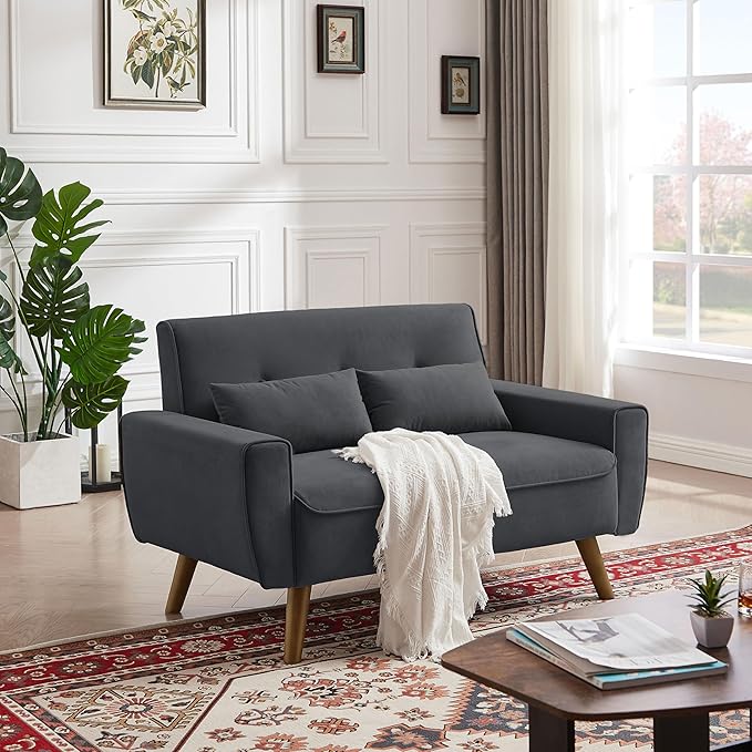 48 Small Loveseat Sofa Mid Century Modern Linen Love Seat Couch 2 Seat Tufted Couches with Throw Pillows and Wood Legs for Living Room Apartment Bedroom and Small Space