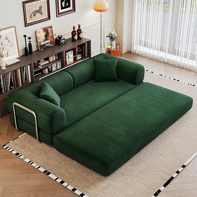 79 Convertible Floor Sofa Bed Modern King Sleeper Folding Mattress Couch with Pillows Corduroy Boneless Sectional Sofa Couch for Living Room Game Room Green