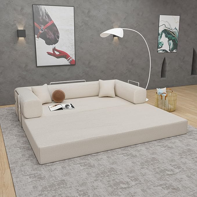 Convertible Couch Sofa Bed Foldable Floor Sleeper | Upgraded ALL High-Density 35D Foam | Fold Out Deep Seat Couch | King Size | Compression Sofa Sleeper for Living Room Bedroom | Corduroy Beige