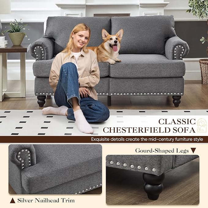 Antetek 59.5-inch Loveseat Couch with Storage Mid Century Chesterfield Linen Fabric Vintage Retro Classic Sofa Couch with Nailhead Trim &amp Rolled Armrests for Living Room Bedroom Office Grey