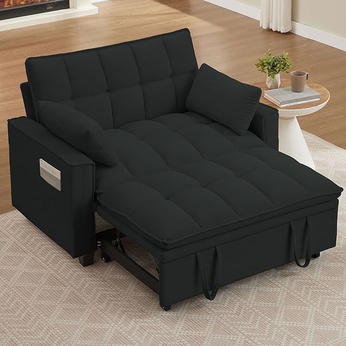 Sleeper Sofa with Pull Out Couch Bed 48.43 Convertible Pull-Out Sofa Bed Chair 3-in-1 Futon Couch with Reclining Backrest and Side Pockets for Living Room Bedroom Apartment Light Grey