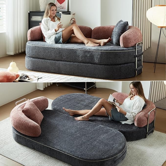Convertible Sofa Bed with Fixed-Shape Frame 4-in-1 Combination Folding Pull Out Couch Futon Couch in a Box Modular Floor Sleeper Sofa Bed for Living Room Bedroom (2 Pillows PinkGrey)