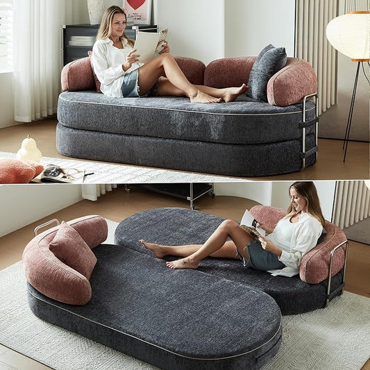 Convertible Sofa Bed with Fixed-Shape Frame 4-in-1 Combination Folding Pull Out Couch Futon Couch in a Box Modular Floor Sleeper Sofa Bed for Living Room Bedroom (2 Pillows PinkGrey)