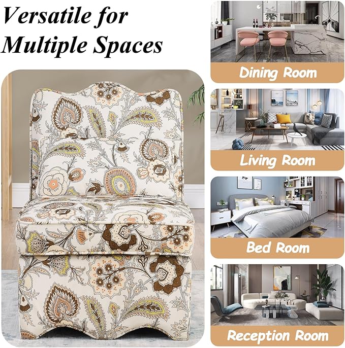 Floral Accent Chair Comfy with Pillow Armless Accent Chair for Bedroom Slipper Chair with Soft Seat Cushion and Backrest Side Chairs for Living Room Flannel Fabric Wave-Shaped (Brown)