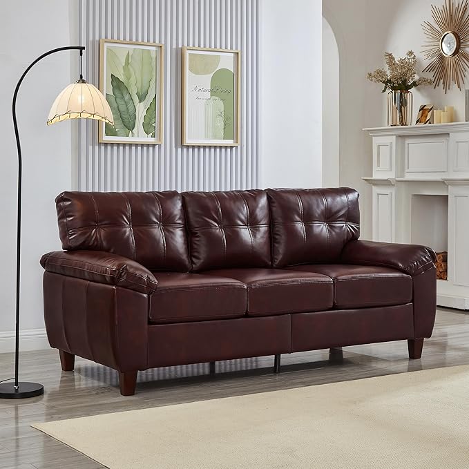 79 Burgundy Faux Leather Couch with Storage Mid Century Modern Tufted Sofa Chesterfield with Wide Arm Comfy Leather Love Seat for Living Room Bedroom Office Small Spaces (Burgundy 3 Seater Couch)