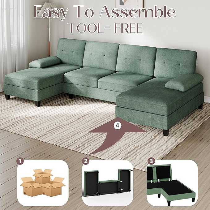 Shintenchi U-Shaped Sectional Couches for Living Room 4 Seat Sofa with Double Chaise LoungesSolid Wood Frame Sectional Sofa for ApartmentGreen