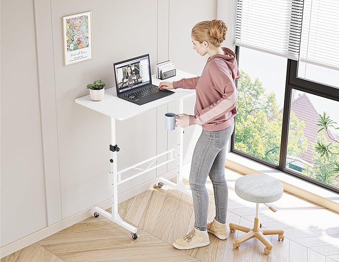 HOMIDEC Standing Desk 32 Inch Portable Small Desk Adjustable Height Rolling Home Office Desks with Wheels Sit Stand Desk for Bedroom Walking Pad Home Office Small Space White