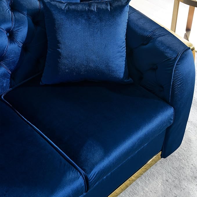 81.1 Chesterfield Sofa Couch Velvet Sectional Sofa Couch for Living Room 3 Seater Couch Button Sofa with Stainless Steel Gold Plating Decoration with 2 Pillows Blue &amp Gold