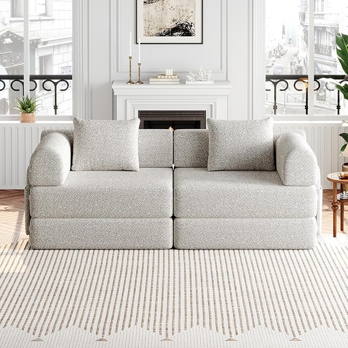 KINFFICT 72 inch Sectional Sleeper Sofa Modular Futon Folding Loveseat Floor Sofa Bed Convertible Comfy Chenille Memory Foam Couch Bed with Side Pockets for Guest Room Bedroom Living Room Beige