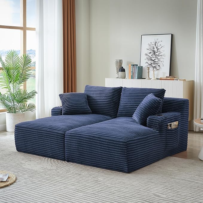 KEIKI Compressible Double Chaise Lounge with Cupholders Cozy Corduroy Sleeper Loveseat for Bedroom or Reading Nook Boneless Chaise Lounge Indoor with Supportive Spring Cushions No Assembly