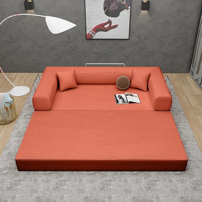 Convertible Sleeper Sofa Bed with Upgraded All High-density 35D Foam No Assembly Foldable Sleeper Couch Folding Floor Boneless Mattress Lounge Couch for Living Room Bedroom Apartment Office Orange