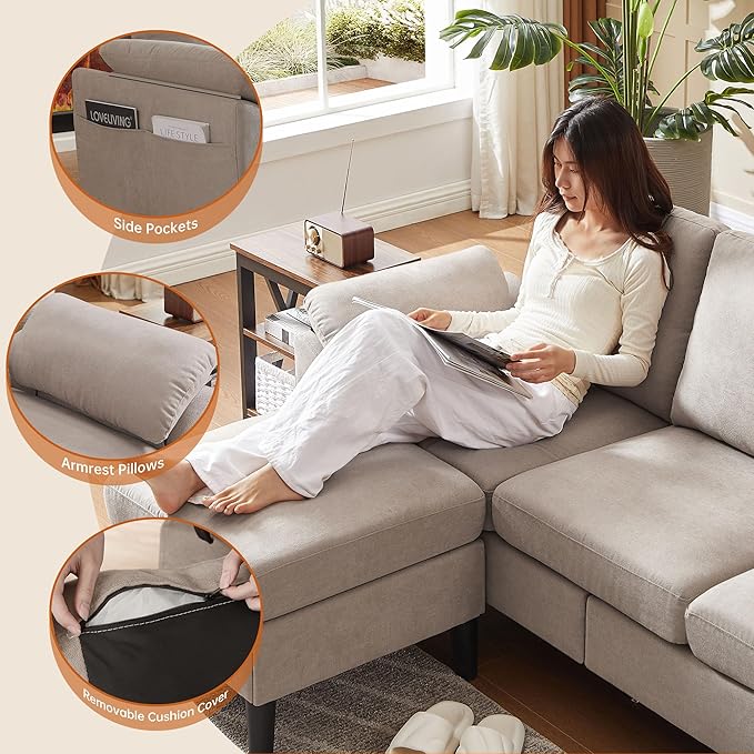 80 Convertible Sectional Sofa Small L Shaped 3 Seat Couch with Reversible Chaise Modern Fabric Sofa Couches for Living Room Apartment and Small Space Beige
