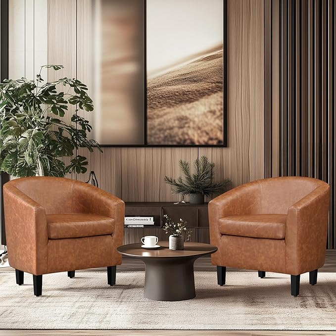 Yaheetech Brown Accent Chairs Set of 2 Faux Leather Barrel Chairs Comfy Modern Leather Club Armchairs with Soft Seat for Living Room Bedroom Reading Waiting Room Brown