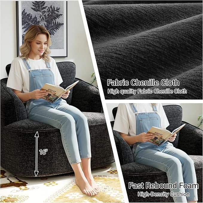 36 Swivel Barrel Chair 360° Rotating Accent Chair with Plush Chenille Upholstery Ergonomic Back &amp Boneless Comfort for Living Room Bedroom Office No-Assembly Charcoal Black