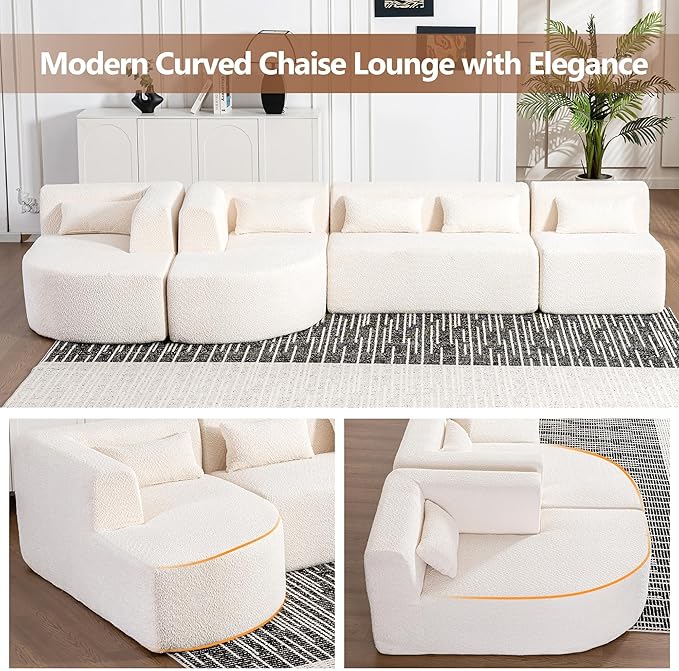 144 Modular Sectional Couch 5-Seat Cloud Sofa Compression Sofa with Two Chaise Lounge and 5 Back Pillows Boucle Fabric No Assembly Required Ideal for Living Room or Apartment Beige