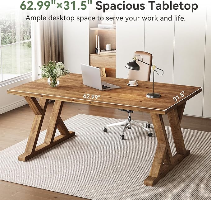 63 Solid Wood Executive Desk for Home Office Farmhouse Wooden Large Office Computer Desk Writing Study Table Business Workstation with X Shaped Legs Rustic Brown