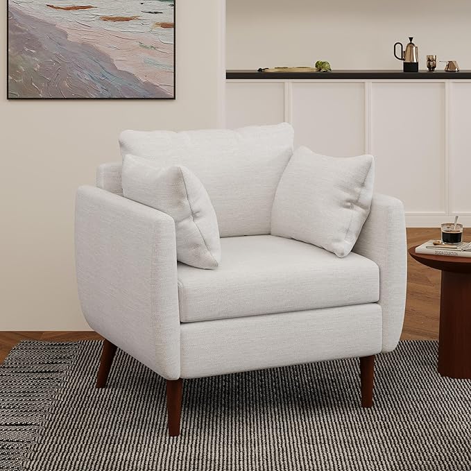 GDFStudio Club Chair Accent Armchair Accent Arm Reading Chair for Living Room Upholstered Armchair Lounge Chair with Comfy Cushion Wooden Leg for Bedroom Office Beige