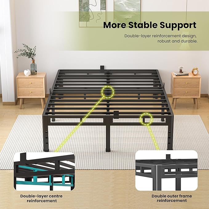 NKZ Queen Size Bed Frame 16 Inch Metal Bed Frame &amp Box Spring 2 in 1 Platform with Round Corner Legs 4000lbs Weight Capacity Reinforced Metal Frame Headboard Hole Noise-Free Easy Assembly