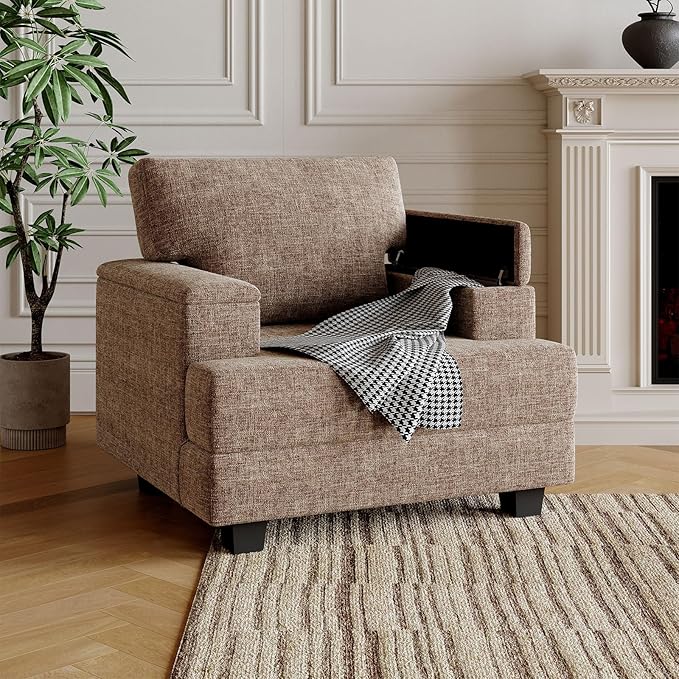 Oversized Accent Chair with Storage ArmrestComfy Living Room Chairs with 7.8'' CushionUpholstered Velvet ArmchairReading Accent Chairs for BedroomSingle Sofa ChairBrown