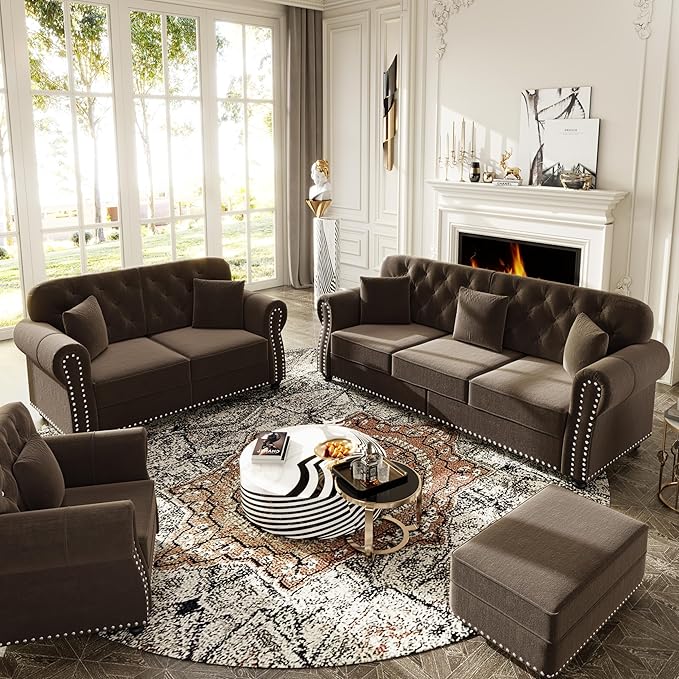 63 Deep Seat Chesterfield Loveseat Mid-Century Modern Velvet Couch with Nailhead Trim Rolled Arm and Pillows Comfy Tufted Upholstered 2 Seater Love Seat Couches for Living Room Bedroom (Brown)