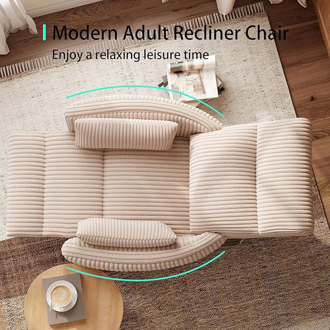 LINSY 360 Swivel Recliner Chair Nursery Glider Rocking Chair with 2 Pillows Corduroy Nursing Chair Comfy High Back Adult Rocker Recliner for Small Spaces Nursery Bedroom Living Room (Beige)