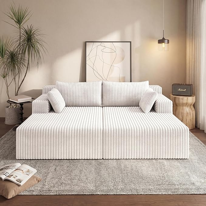 71-Inch Fluffy Corduroy Boneless Sleeper Daybed Loveseat Double Recliner Chaise Lounge Sofa Couches Floor Cloud Sofa Chaise W/4 Pillows for Home Apartment Living Room