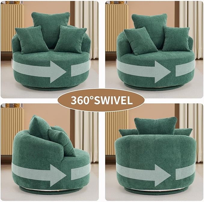 40” Greeen Round Swivel Chair with 3 Pillows &amp Thick Cushion Oversized 360° Swivel Accent Chair Modern Boucle Armchair for Nursery Living Room Bedroom Club