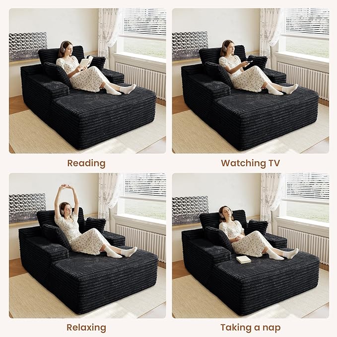 67 Square Chaise Lounge Single Floor SofaOversized Upholstered Boneless Corduroy Couch Deep Seat Sleeper Sofa Bed No Assembly Required Couches for ApartmentBlack
