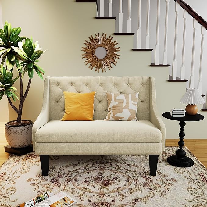 Tongli 50 Small Modern Loveseat Settee Sofa Linen Fabric 2-Seat Sofa Couch Tufted Love Seat Dining Bench with Back Upholstered Banquette Sofas for Living Room Bedroom Small Space Entryway