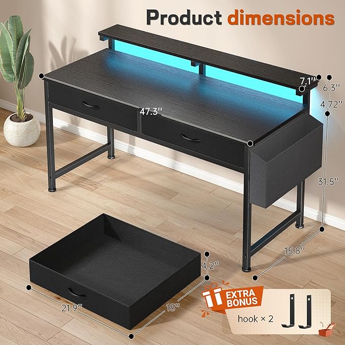 47.3Inch Gaming Desk with LED Lights with 2 Drawers Home Office Desk Computer Desk with Side Pocket &amp Ergonomic Monitor Stand Small Space Study Writing Table with Anti-Tip DesignBlack