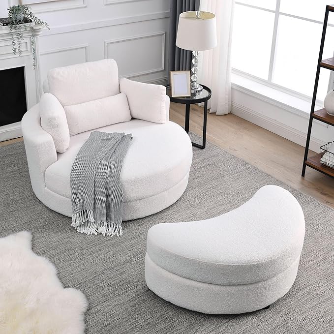 Oversized Swivel Accent Round Chair Modern Upholstered Sofa with Pillows Cozy Leisure Chair for Living Room Bedroom Home Office Club (Teddy Ivory)