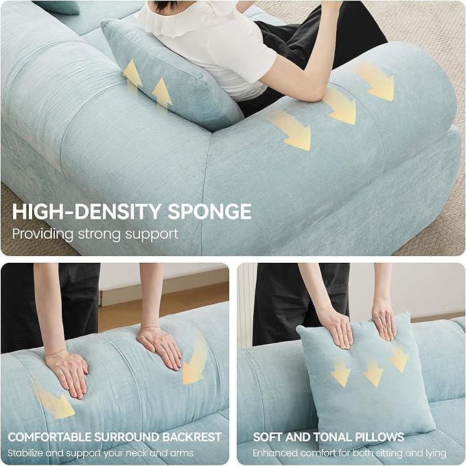 119'' Boneless Curved Sectional Couch Cloud Deep Seat L Shaped Sofa with Right Chaise LoungeModular Compression Couch for Living Room No Assembly Blue