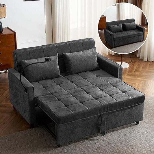 Merax Pull-Out Sleeper Sofa Bed with Reversible Backrest and Two Throw Pillows 3 in 1 Foton Couch with USB Ports &amp Phone Holder Chenille Loveseat for Living Room Black