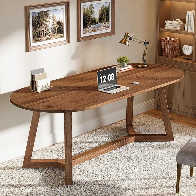 63-Inch Solid Wood Home Office Desk Oval Executive Desk with Sturdy Tapered Legs Farmhouse Computer Writing Table for Office Study Room Workstation (Brown)