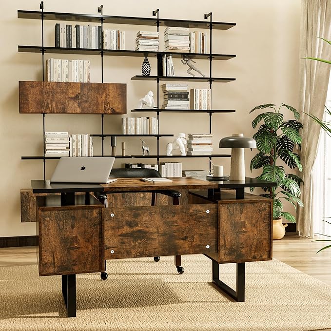 LEEMTORIG Computer Desk with Drawers 59 inch Large PC Gaming Desk Modern Industrial Study Student Writing Table Workstation Black &amp Rustic Brown CTSZ-20401-CM