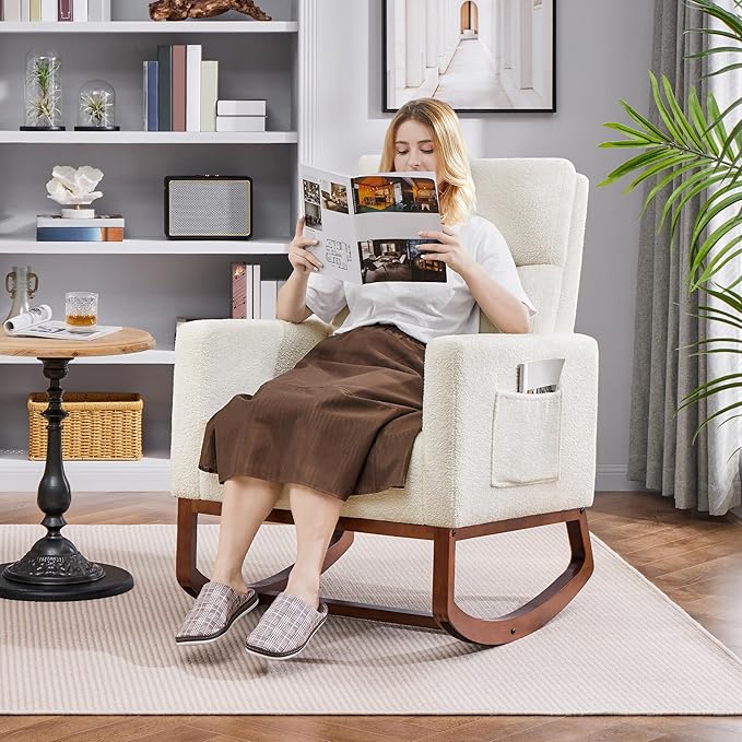 Yaheetech Boucle Living Room Chair Modern Upholstered Rocking Accent Chair Glider Chair Nursery Chair with Side Pocket and High Back Armchair for Living Room Bedroom Lounge Ivory
