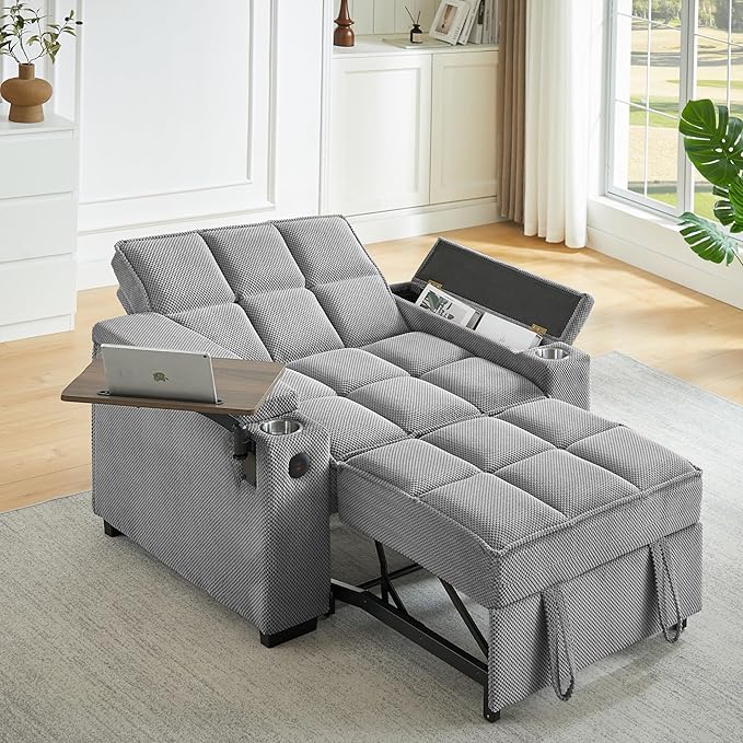 Large Size Convertible Sleeper Chair Futon Sofa Bed Comfortable thick cushion Single Sleeper Sofa Handheld storage and Adjustable Backrest | Reading Chair with Rotating small table (light gray)