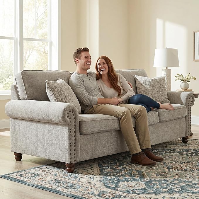 81.5 Rolled Arms Sofa Classic Couch with Nailhead Trim 3-Seater Sofa with Springs Deep Seat Cushion &amp Wooden Legs Comfy Vintage Couch for Living Room Apartment Farmhouse Grey Beige | Rolled