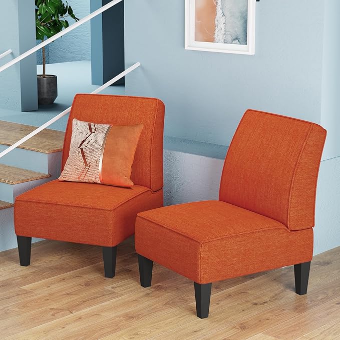Yongqiang Upholstered Accent Chair Armless Side Chairs for Living Room Set of 2 Bedroom Slipper Chair Orange Linen Fabric