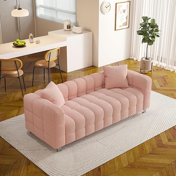 87.4'' Modern 3-Seater Sofa Bubble Couch with 2 Pillows for Living RoomTeddy Bouclé Velvet Deep Seat Sofa Couch Fluffy Loveseat Sofa with 6 Metal Base Legs for Bedroom/Home/Office(Pink)