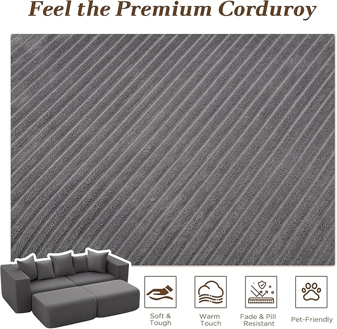 117” Boneless Cloud CouchSectional Modern 4 Seater L-Shaped Sleeper Sofa CouchesNo Assembly Modular Corduroy Convertible Sponge Compression Sofas with Chaise and Ottoman for Living Room(Grey)