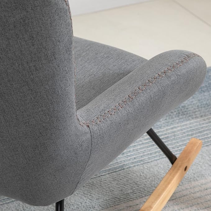 HOMCOM Modern Rocking Chair with Removable Lumbar Pillow Fabric Sofa Armchair with Thick Padding Metal Frame Wood Base for Living Room Light Grey