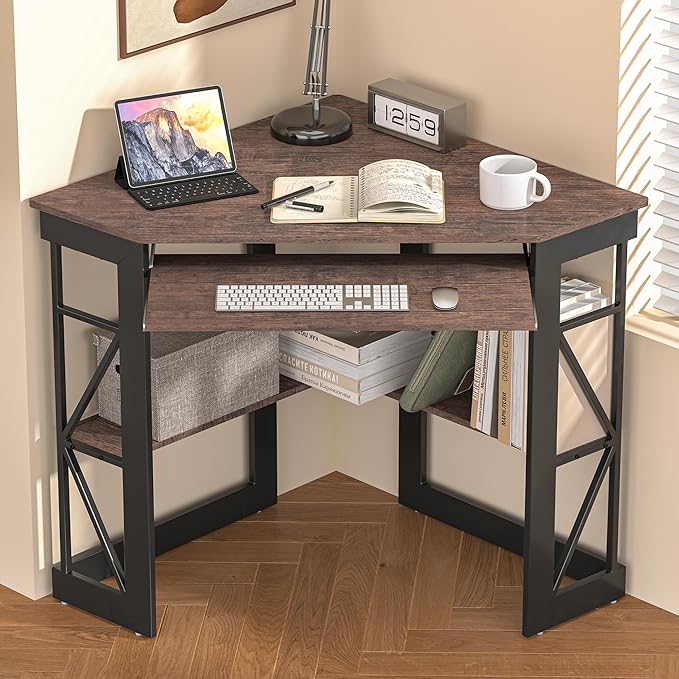 VECELO Corner Desk Computer Desk Writing Table with Smooth Keyboard Tray&ampStorage Shelves for Small Spaces/Compact Home Office Triangle TableBrown