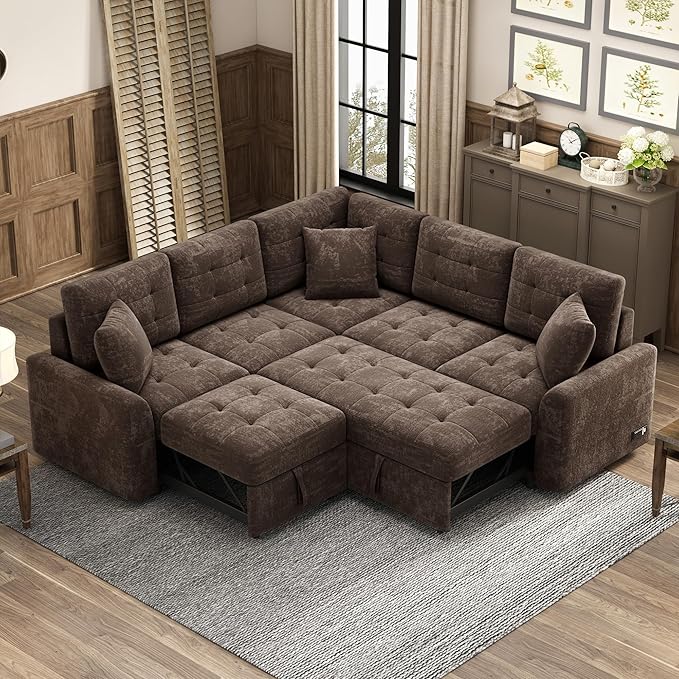 82.6 L-Shape Sofa Bed with Wheels Pull-Out Sleeper Sofa with USB Ports and Power Sockets Multifunctional Convertible Sectional Sofa Set for Living Room Bedroom (Brown-11x)