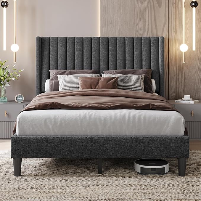 Yaheetech Full Bed Frame Upholstered Platform Bed with Fabric Headboard Wing Edge Design/Non-Slip and Noise-Free/Wooden Slats Support/No Box Spring Needed/Easy Assembly Dark Gray Full Bed