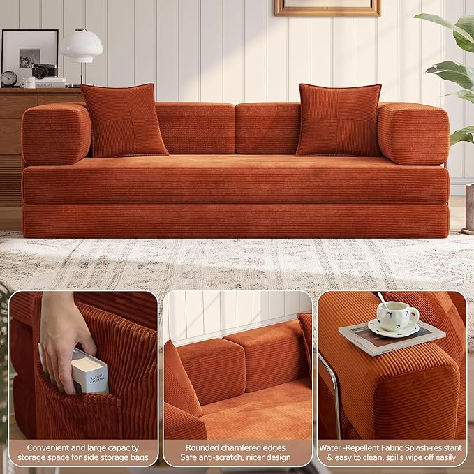 MoonSpeak 78.8''Sleeper Couch Bed for LivingroomConvertible Modular Sofa with Armrest PillowModular Foldable Corduroy Couches in a BoxNo Assembly (Orange)