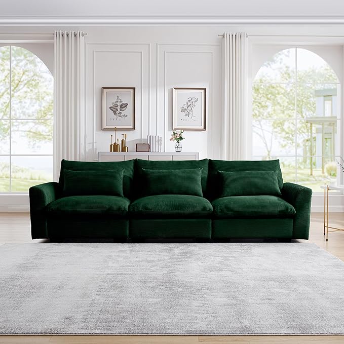 Oversized Modular Sectional Sofa 122 Inch Corduroy Deep Seat Upholstered Sofa 3 Seater Comfy Cloud Couch with Waist Pillow for Living Apartment Green