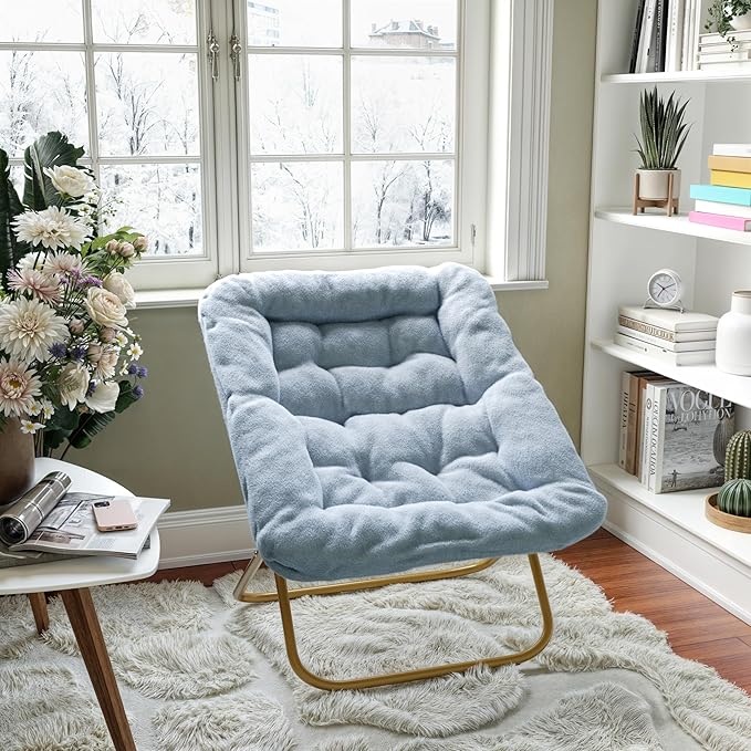 Flash Furniture Archer Saucer Chair with Folding Steel Frame Portable Oversized Saucer Chair for Dorm or Bedroom 28 Dusty Aqua Faux Fur/Soft Gold Frame