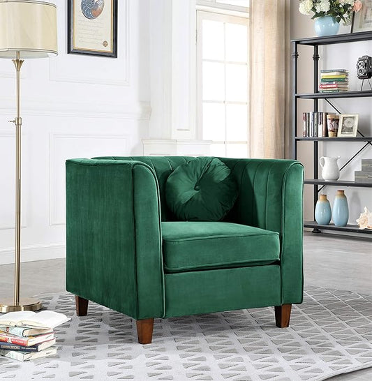 Arvilla Velvet Chair with Bolster Pillows Soft Upholstery Mid Century Modern Design Chesterfield-Inspired Accent Armchair for Living Rooms Pine Green
